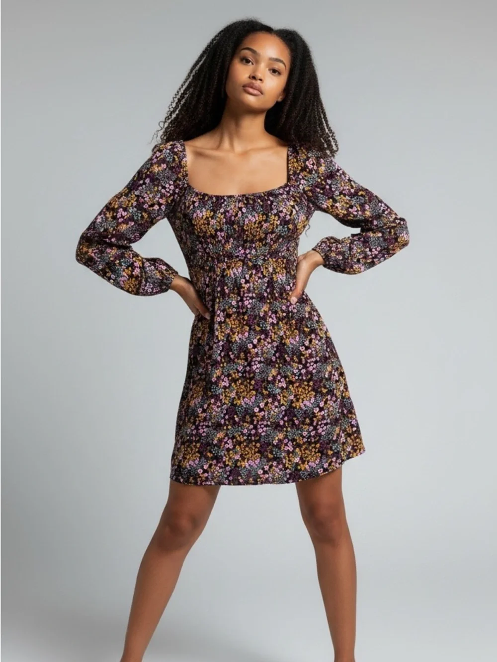 Roxy Floral Mini Dress Size M Boho Peasant Long Sleeve Cottagecore - Picture 2 of 9